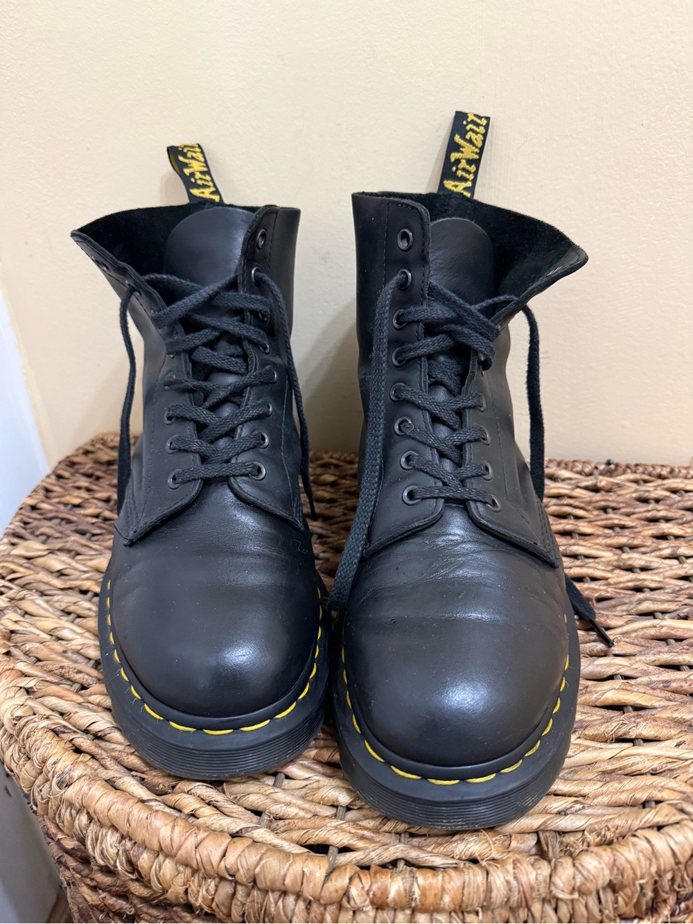 Dr. Martens Black Leather Lace-Up Boots with Yellow Stitching
